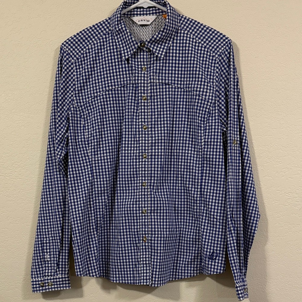 Orvis Blue and White Checkered Women's Button Down Shirt